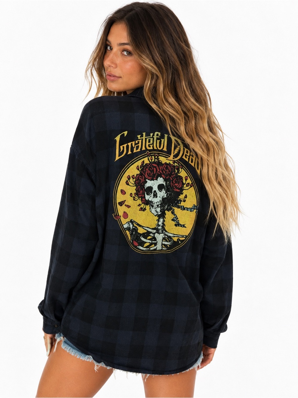Grateful Dead Bertha Roses Skull Plaid Flannel Shirt Jacket Large
